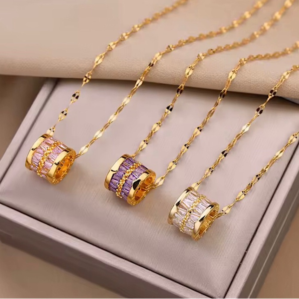 GOLD STEEL CRYSTAL BAGUETTE "BELOVED" LUCKY WHEEL NECKLACE - PINK PURPLE CLEAR